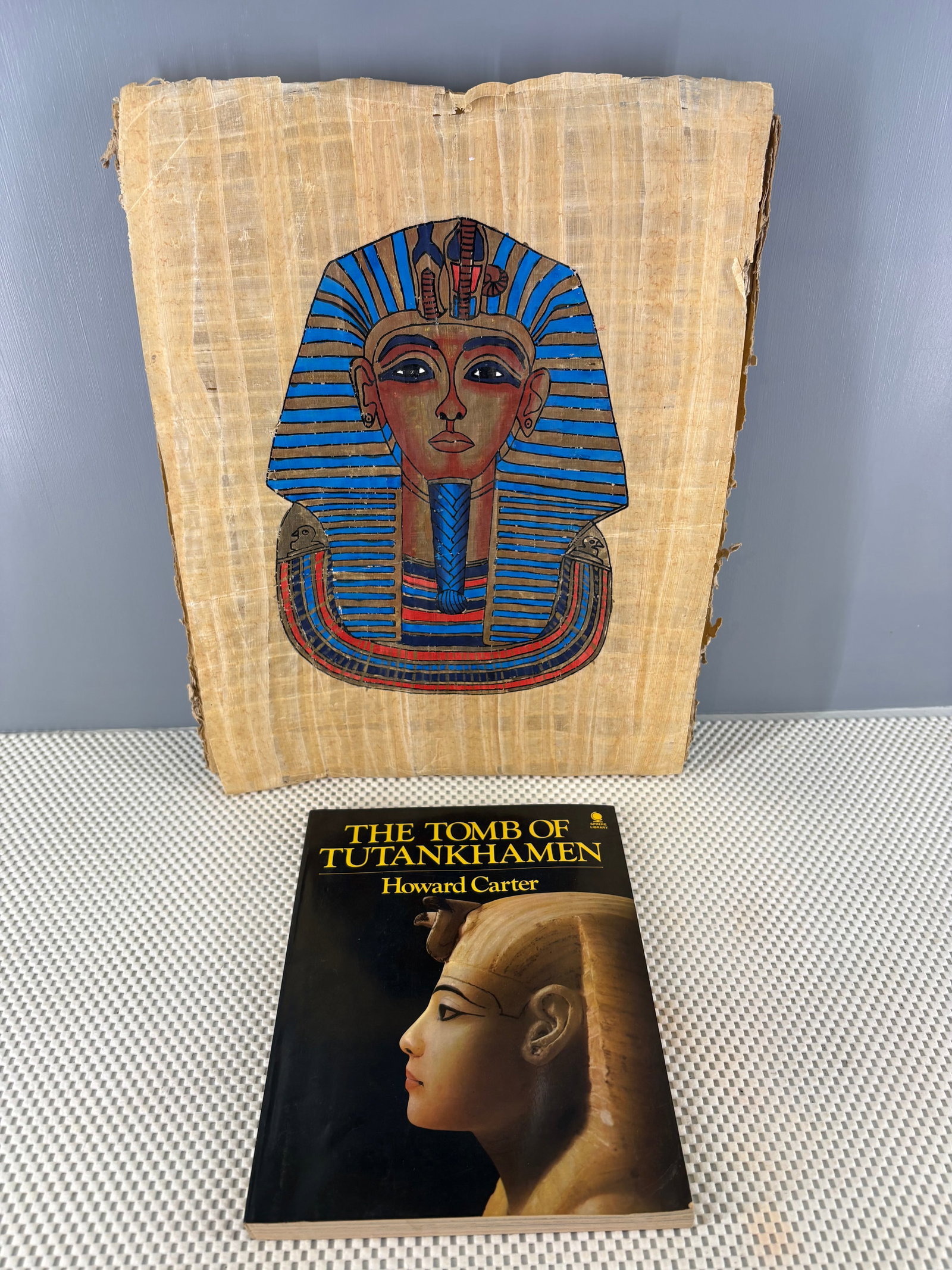 Vtg Grouping of King Tut Historical Pieces: This lot features two items referencing King Tut, they include....1). Modern hand-painted illustration of the famous Mask of Tutankhamun on (likely) authentic papyrus paper. It depicts the iconic gold