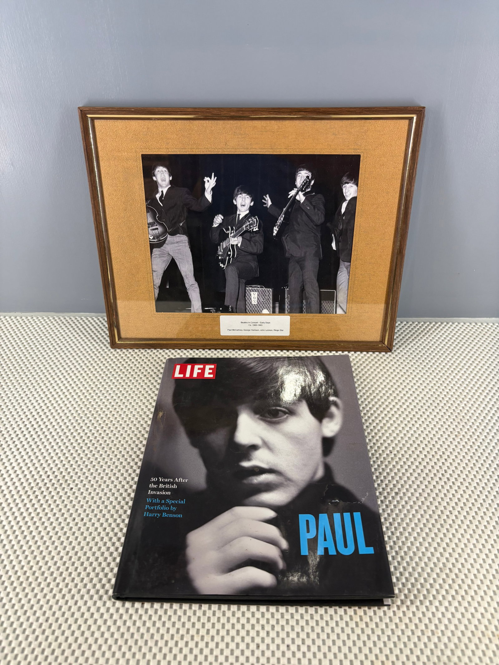 Vtg The Beatles Grouping of Collectible memorabilia: Vintage Beatles grouping collection which include....1). Framed Photograph - Captures The Beatles performing live during their historic rehearsal for the Royal Variety Performance at the Prince of Wal