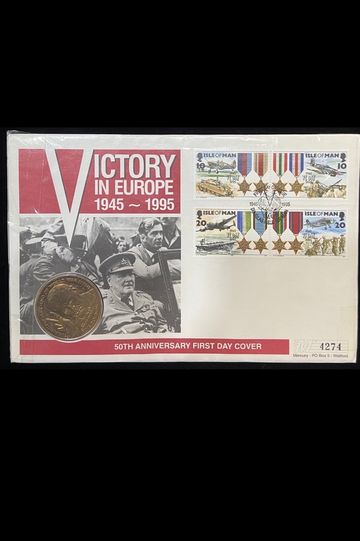 WW2 (British) -Victory in Europe, V.E. 50th Anniversary Commemorative Coin/Stamp: Winston Churchill, an Icon of the stage represented in this first day cover commemorates the 50th Anniversary (1945-1995) of Victory in Europe (VE) Day in 1995. Limited Edition Stamped: 4274 This &pou