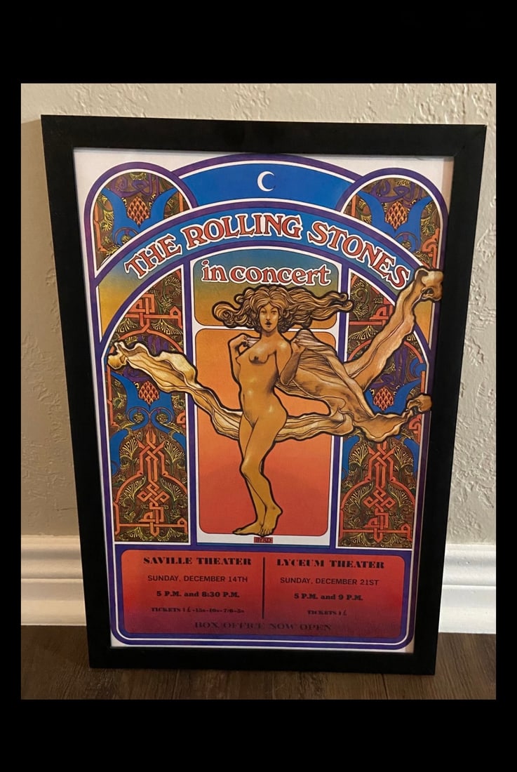 Vtg (1969) "The Rolling Stones" Framed Concert Poster: Framed vintage 1969 The Rolling Stones concert poster designed by the prominent American graphic artist David Edward Byrd. This specific variant is highly collectible as it includes date-specific venu