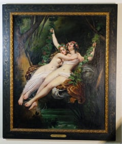 Diaz de la Pena, Oil on Canvas, CC1860, Signed by Artist, Girls on a Swing, Professionally Cleaned.