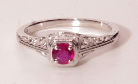 Ruby, 14k White Gold Filigree setting, Size 6 1/2, Never Worn, 2.54 gm Total