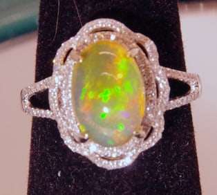 Crystal Opal, Diamond, 14k White Gold, Size 6 1/2, 14k White Gold, Double Halo,