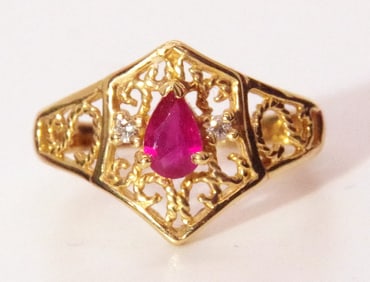 Pear Cut Ruby & Diamond Ring, 14k Yellow Gold, Resizable, Appraisals, 3.20 gm,
