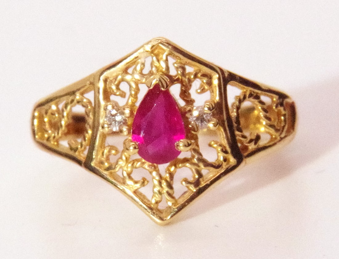 Pear Cut Ruby & Diamond Ring, 14k Yellow Gold, Resizable, Appraisals, 3.20 gm, (1 of 11)
