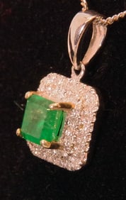 Natural Emerald Pendant, 0.9 carat, 0.38 carats Diamonds in Double Halo, 14K W