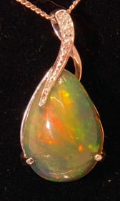 Semi-black Crystal Opal Pendant, 4.8 ct, Pear, 14k White Gold, New, Diamonds,