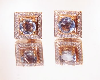 AQUAMARINE AND 0.50 CARAT TW DIAMOND EARRINGS, 14K ROSE GOLD SETTINGS