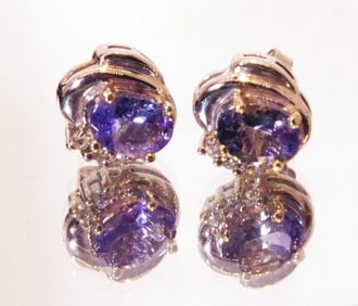 Tanzanite Earrings, 7x5 mm AA+ Tanzanites, 1.5 carats TW, Diamond Accents
