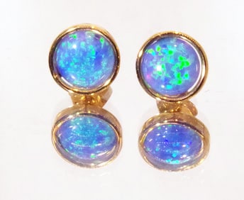 Australian Opal, Gem Grade, Stud Earrings, 14k Yellow Gold
