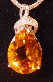 8.5 Carat Pear Shaped Madera Citrine Pendant, 0.10 Carat Diamond Accent, 14k White Gold