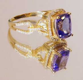 Natural Tanzanite, 14k Yellow Gold, Halo, Chain Shank, Diamond Accents, Cushion Cut
