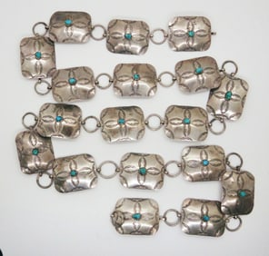 Native American Silver and Turquoise Belt, Signed, 7 0z, Excellent Condition,