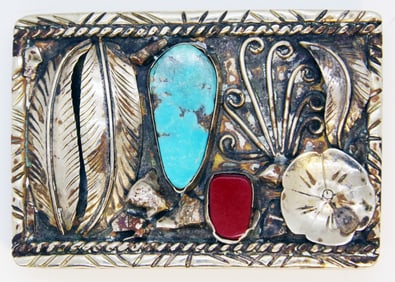 Native American Belt Buckle, Silver, Turquoise, Coral, Estate Item