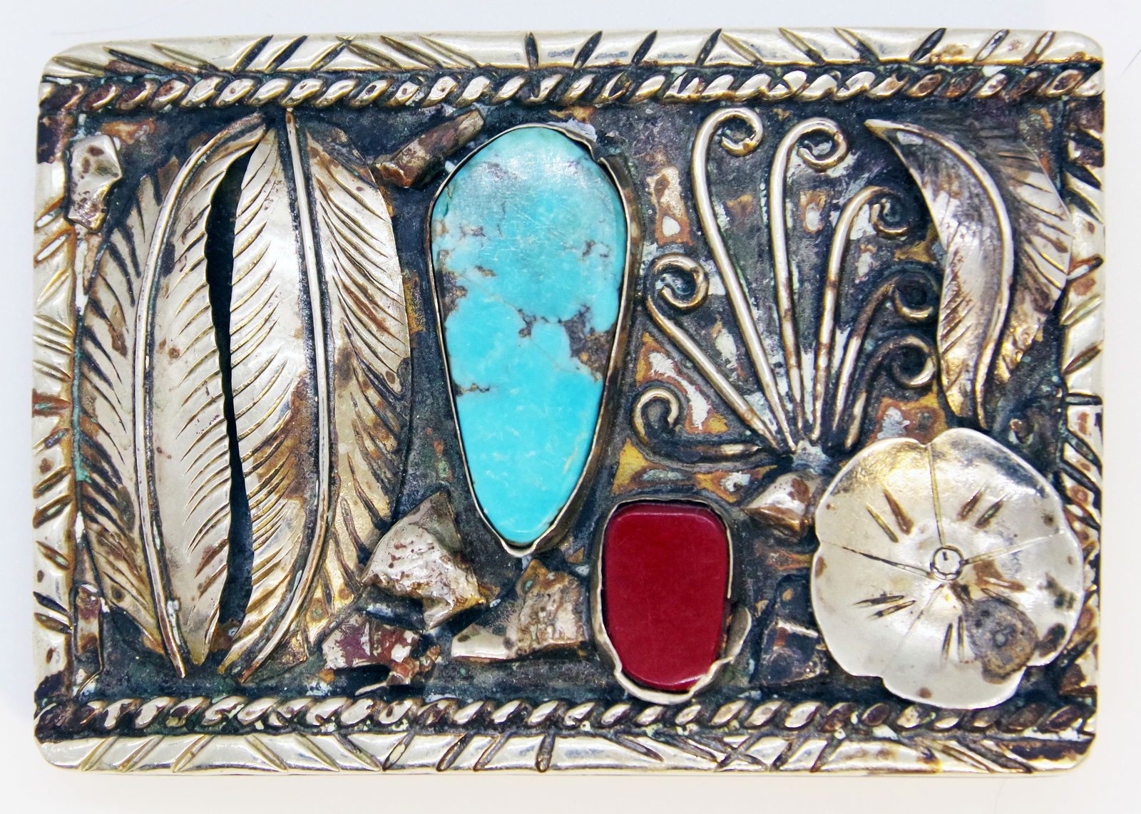 Native American Belt Buckle, Silver, Turquoise, Coral, Estate Item (1 of 3)
