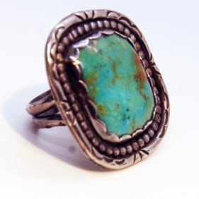 Native American Ring, Turquoise, Kingman Green, Sterling Silver, Size 9, Solid Turquoise