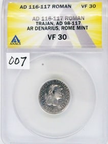 Ancient Coin, Trajan, ANACS VF30, Denarius, Rome Mint, Roman, AD116-117