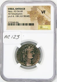 Ancient Coin, Nero, NGC VF, AR Tetradrachm, AD 59/60, Great Profile, Antioch, Eagle Rev