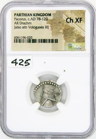 Ancient Coin, PARTHIAN KINGDOM. Pacorus I, NGC Choice XF AR drachm (18mm, 12h).