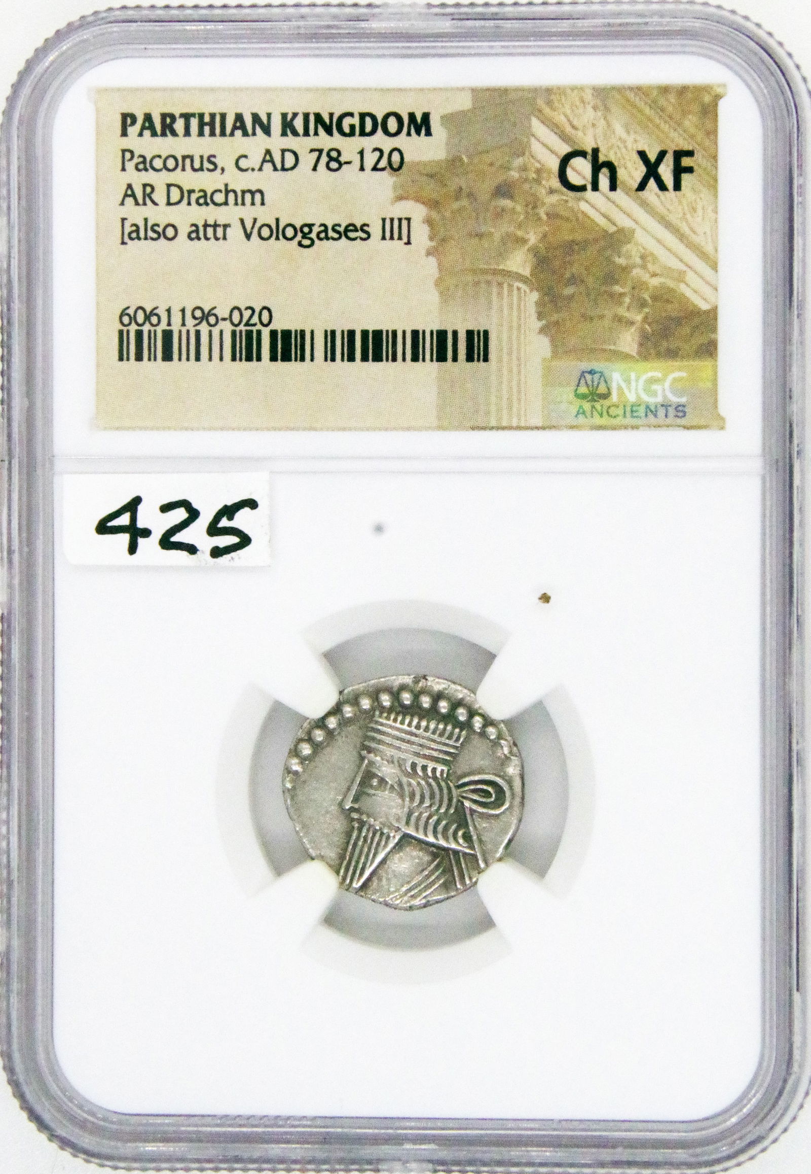 Ancient Coin, PARTHIAN KINGDOM. Pacorus I, NGC Choice XF AR drachm (18mm, 12h). (1 of 4)