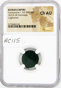 Ancient Coin, Constantine the great, NGC Ch AU, AD 307 - 337,AE 3/4 Bi-Nummus,Lugdunum