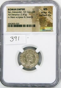 Ancient Coin, Severus Alexander,NGC MS,AR Denarius, AD 222-235, Uncirculated,