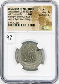 Ancient Coin, Alexander the Great, NGC AU, 336-323 BC, Macedon, AE Tetradrachm,