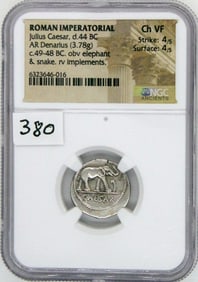 Ancient Coin, Julius Caesar, Dictator (40 - 49 BC) NGC CH VF, AR denarius, Elephant, Snake