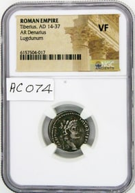 Ancient Coin, Tiberius, AR Denarius, Tribute Penny, NGC VF, Lugdunum, Silver,