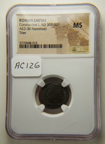 Ancient Coin, Constantine the great, NGC MS, AD 307 - 337,AE3 Bi-Nummus, Trier,