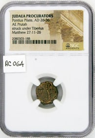 Ancient Coin, Pontius Pilate, Prutah,Judea, Time of Christ, NGC Certified. AE Prutah