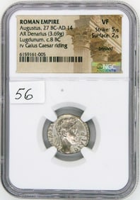 Ancient Coin, AUGUSTUS, NGC VF, 27 BC-14 AD. AR Denarius,Lugdunum mint. Struck 9-8 BC