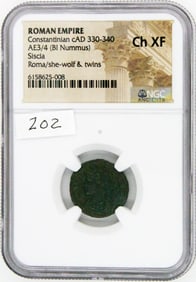 Ancient Coin, Constantinian, NGC CH XF, AE 3/4 Bi-Nummus, Siscia, She Wolf, Twins