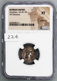 Ancient Coin, Domitian, as Augustus (AD 81-96). AR denarius (18mm, 5h). NGC XF