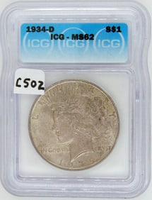 Peace Dollar - 1934-D, ICG MS62, Silver Dollar, Certified,