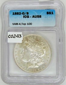 1882 O/S Morgan Silver Dollar, ICG AU 58, Vam 4, Top 100, Certified,