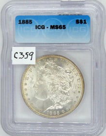 885 Morgan Silver Dollar, ICG MS 65, Gem Uncirculated, Certified,
