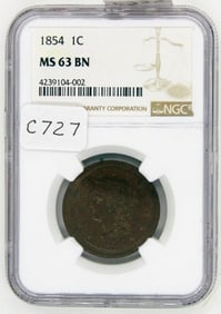 1854 Braided Hair, Large Cent, NGC MS 63 BN, Certified,