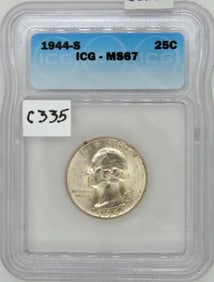 1944 S Washington Silver Quarter, ICG MS67, Graded in Holder, American Coin