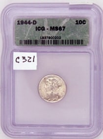 1944 D Mercury Silver Dime, ICG MS67, Gem Uncirculated, Graded in Holder,