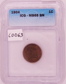 1904 Indian Head Copper Penny, ICG MS65 BN, Gem Uncirculated,