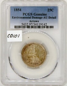 1854 Seated Liberty 25c, With Arrows, AU Detail, PCGS,