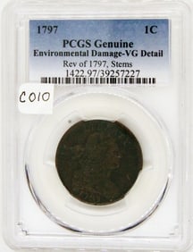 1797 Large Cent,Rev 1791, Stems, PCGS VG Dtl. Genuine.