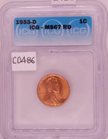 1953 D Lincoln Wheat Cent, ICG MS 67 RD, Gem Uncirculated, Certified,