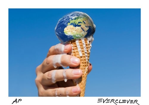 Global Warming: Enjoy life's desserts while you can. Earth as melting ice cream cone. No Buyer's Premium / First generation ecollage™, print on paper, signed lower right, by the Everclever Art Collective. In the pe