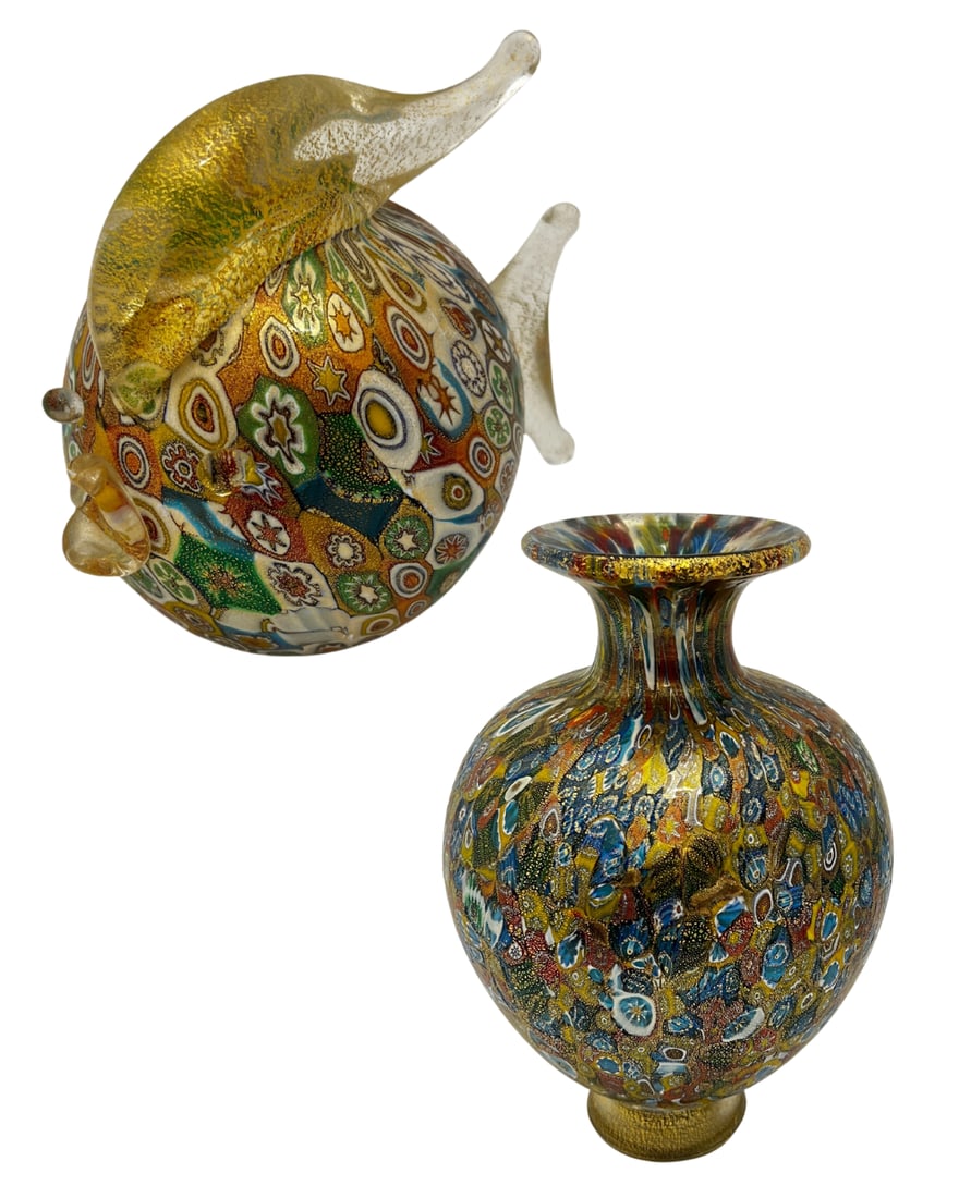 Two Pieces Mid Century Murano Millefiori & Gold Flecked Glass: Italian; first a blowfish, H: 6 1/4" x Dia.: 4 1/2", second a millefiori vase, possibly Gambaro & Poggi, H: 9 1/4" x Dia.: 6"