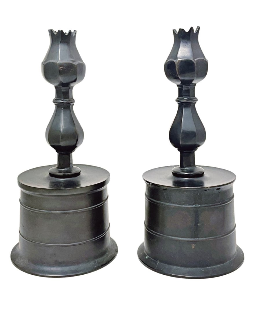 Magnificent Pair of Antique Ottoman Empire Style Candlesticks: Patinated tulip design bronze candlesticks, H: 10 ¾”, Dia.: 5 ⅛”