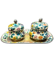 Korean Silver and Enameled Tray and 2 Covered  Bowls