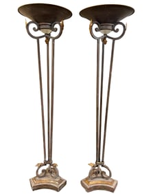 Pair of Patinated Metal & Glass Torcheres