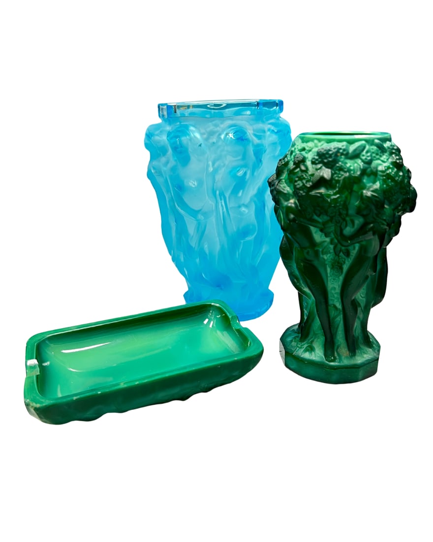 3 Vintage Pieces of Czech Art Glass: Malachite glass, Schlevogt, Grape Harvest Vase, H 5", Dia. 2 1/4". Aquamarine Uranium glass, Frantisek Halama, Bacchanalian Maidens, H 5 5/8", Dia. 2 5/8". Malachite glass tray, H 7/8", W 4 3/4", D 2